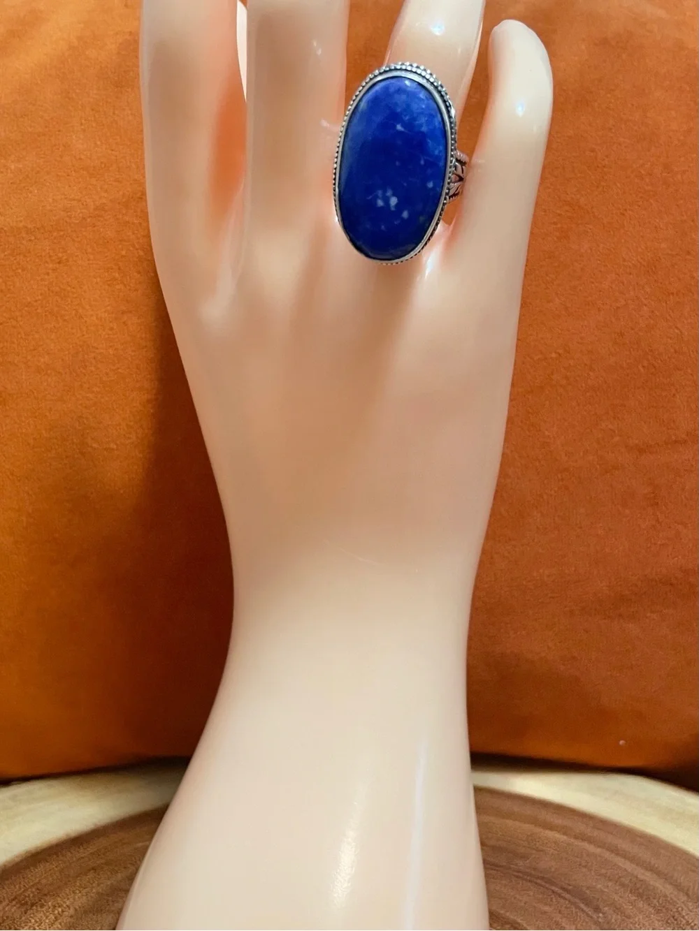 Genuine Lapis Lazuli Silver Over Stainless Steel Oval Statement Ring Unisex NWOT